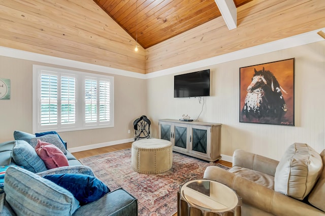 126 Tall Oaks Rd, Defuniak Springs, FL 32435 - living room featuring baseboards, wooden ceiling, wood finished floors, and lofted ceiling