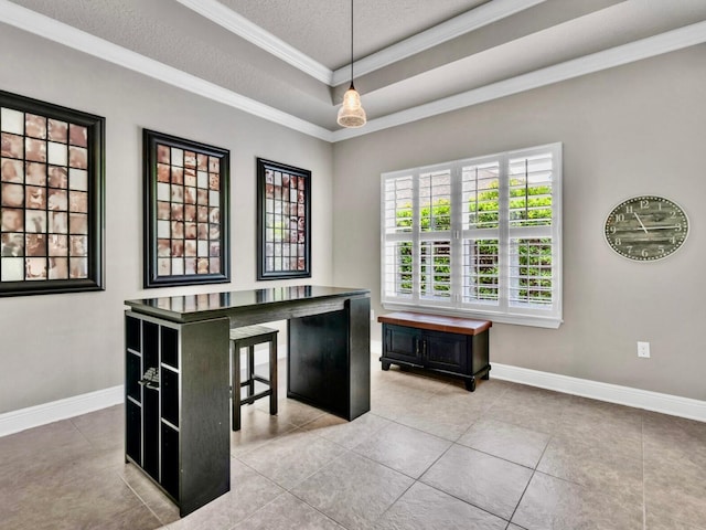 214 Whispering Lake Dr, Santa Rosa Beach, FL 32459 - tiled office featuring crown molding, a raised ceiling, a textured ceiling, and baseboards