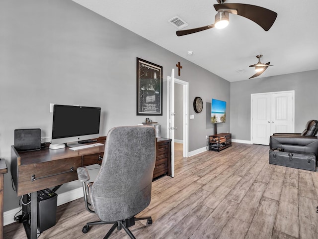 214 Whispering Lake Dr, Santa Rosa Beach, FL 32459 - office area featuring ceiling fan, wood finished floors, and baseboards