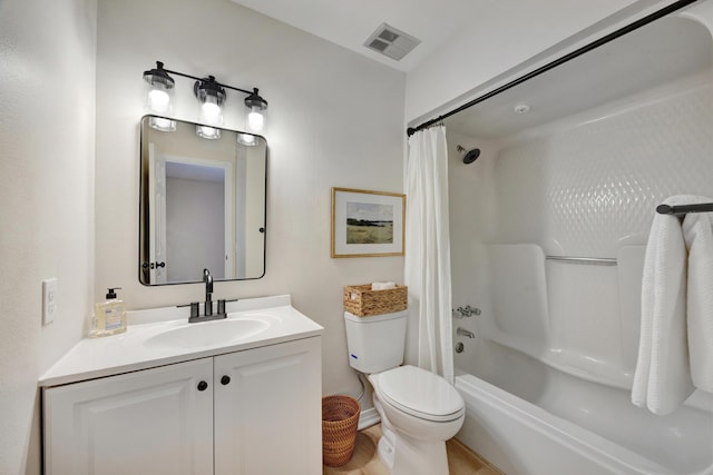bathroom featuring visible vents, shower / tub combo, toilet, and vanity