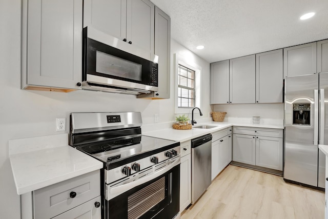 kitchen featuring a sink, gray cabinetry, and stainless steel appliances