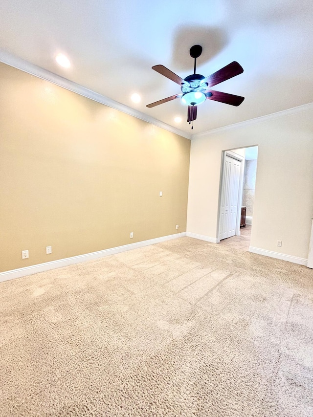 134 Rivercrest Cir, Santa Rosa Beach, FL 32459 - spare room with ceiling fan, crown molding, baseboards, recessed lighting, and light colored carpet