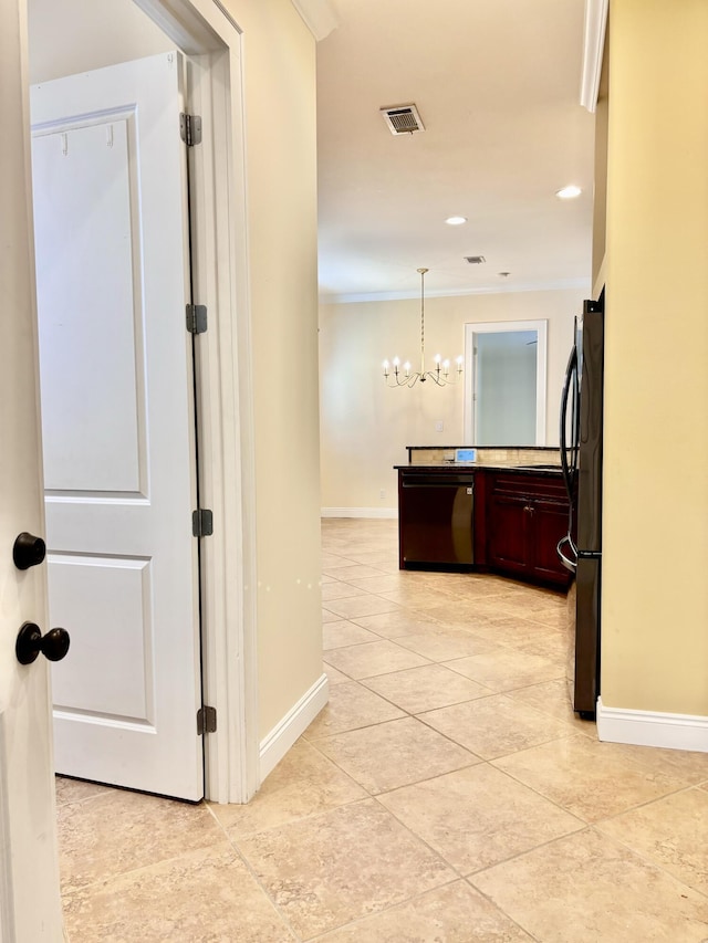 134 Rivercrest Cir, Santa Rosa Beach, FL 32459 - hallway with baseboards, a chandelier, light tile patterned flooring, recessed lighting, and ornamental molding