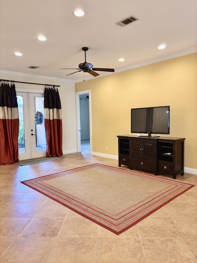 134 Rivercrest Cir, Santa Rosa Beach, FL 32459 - unfurnished living room featuring ornamental molding, french doors, baseboards, recessed lighting, and ceiling fan
