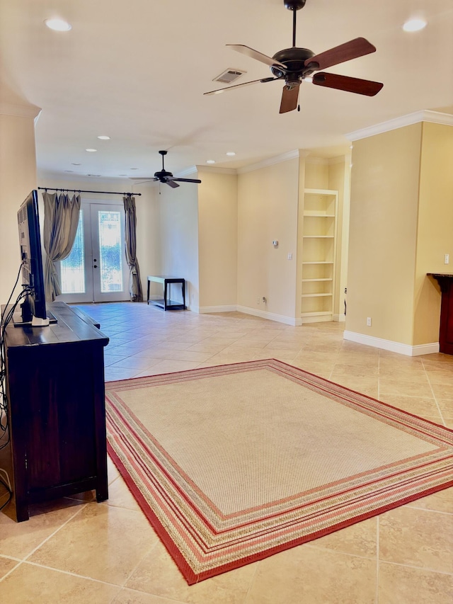 134 Rivercrest Cir, Santa Rosa Beach, FL 32459 - unfurnished living room featuring a ceiling fan, french doors, recessed lighting, light tile patterned floors, and built in features