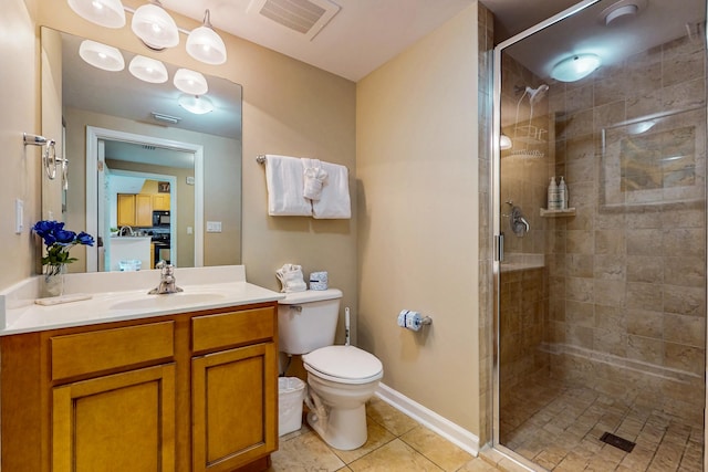 full bathroom featuring visible vents, tile patterned flooring, vanity, toilet, and a stall shower