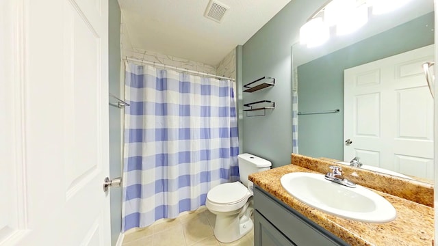 bathroom with visible vents, tile patterned flooring, vanity, toilet, and a shower with curtain