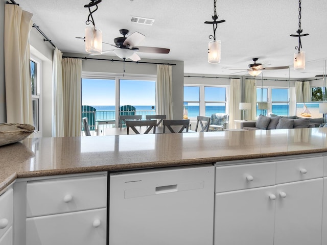 kitchen featuring white dishwasher, ceiling fan, visible vents, and a healthy amount of sunlight