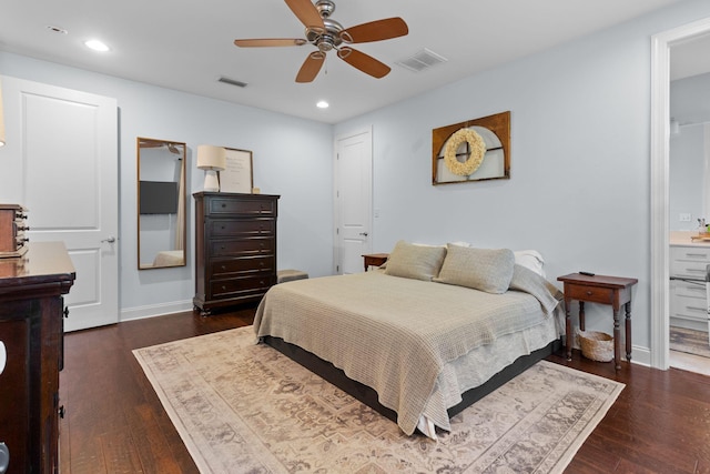 4046 17th St, Niceville, FL 32578 - bedroom featuring hardwood / wood-style floors, recessed lighting, baseboards, ceiling fan, and connected bathroom