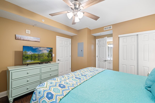 bedroom with visible vents, a ceiling fan, electric panel, and a closet