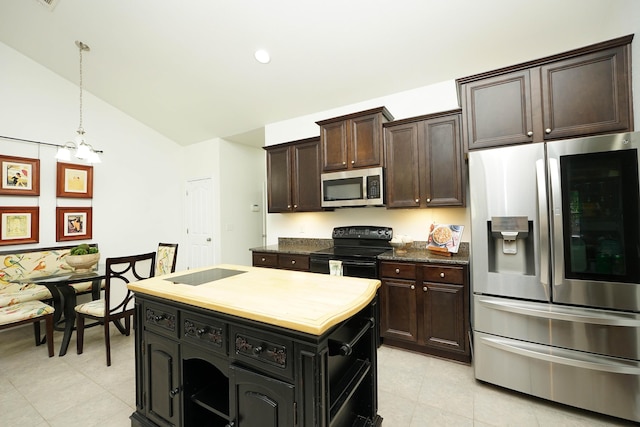 614 Red Fern Rd, Crestview, FL 32536 - kitchen with appliances with stainless steel finishes, lofted ceiling, a center island, pendant lighting, and dark brown cabinetry