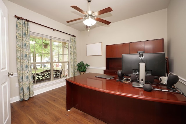614 Red Fern Rd, Crestview, FL 32536 - home office with dark wood-style floors, ceiling fan, and baseboards