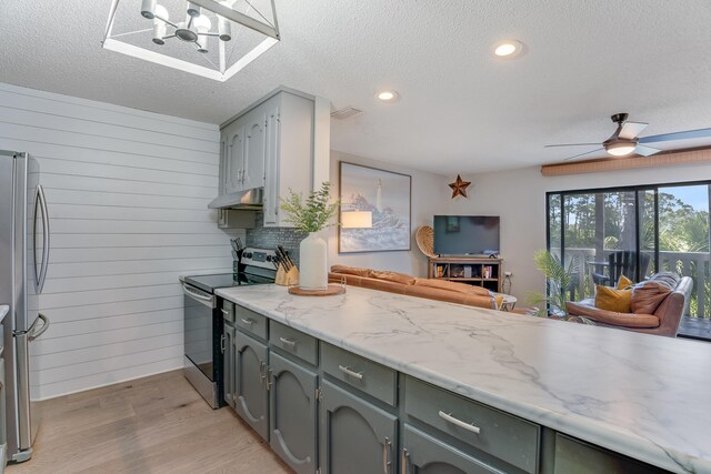300 Cain Rd Unit 320, Panama City Beach, FL 32413 - kitchen featuring appliances with stainless steel finishes, gray cabinetry, light wood finished floors, open floor plan, and under cabinet range hood
