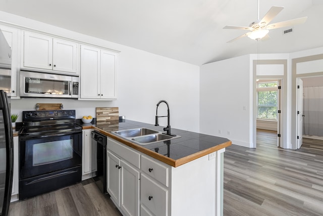 1429 N County Highway 393, Santa Rosa Beach, FL 32459 - kitchen featuring visible vents, a sink, black appliances, a peninsula, and lofted ceiling