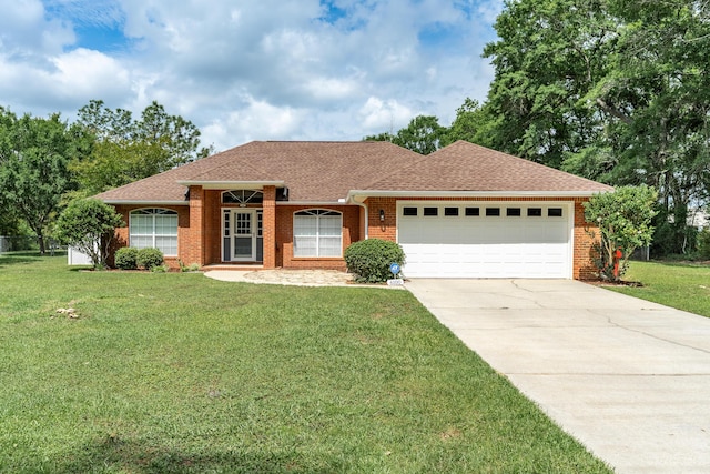 6100 Buck Ward Rd, Baker, FL 32531 - ranch-style home with driveway, a shingled roof, a front yard, and a garage