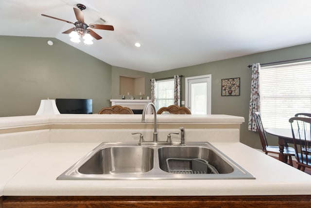 6100 Buck Ward Rd, Baker, FL 32531 - kitchen featuring a ceiling fan, vaulted ceiling, a sink, light countertops, and recessed lighting