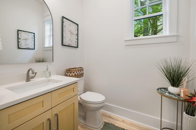 bathroom featuring vanity, plenty of natural light, wood finished floors, and toilet