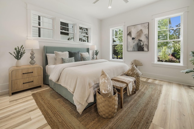 bedroom featuring light wood-style flooring and baseboards