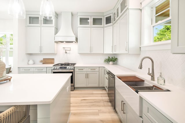 174 Grande Pointe Cir, Inlet Beach, FL 32461 - kitchen featuring custom range hood, stainless steel appliances, light wood-type flooring, and plenty of natural light