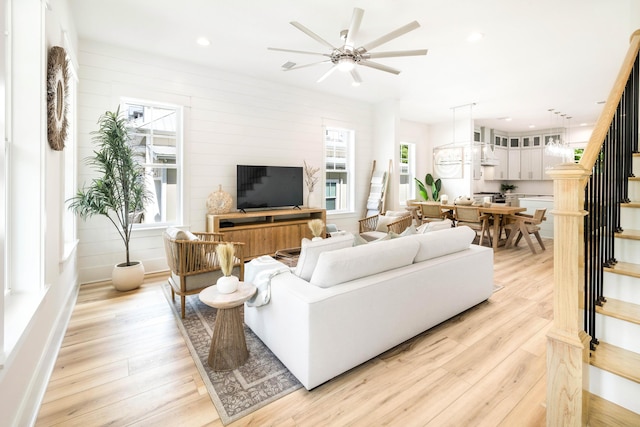 174 Grande Pointe Cir, Inlet Beach, FL 32461 - living area featuring stairs, light wood finished floors, ceiling fan, and recessed lighting