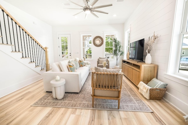 174 Grande Pointe Cir, Inlet Beach, FL 32461 - living area with wood finished floors, ceiling fan, stairway, and recessed lighting