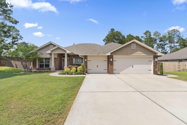 view of front of home with fence, an attached garage, a front lawn, brick siding, and concrete driveway