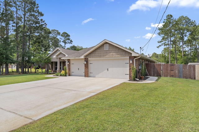 view of front of property featuring a front lawn, fence, brick siding, concrete driveway, and an attached garage