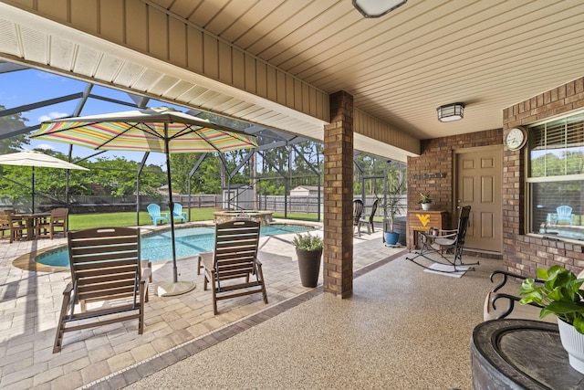 view of patio with outdoor dining area, a fenced in pool, a lanai, and a fenced backyard