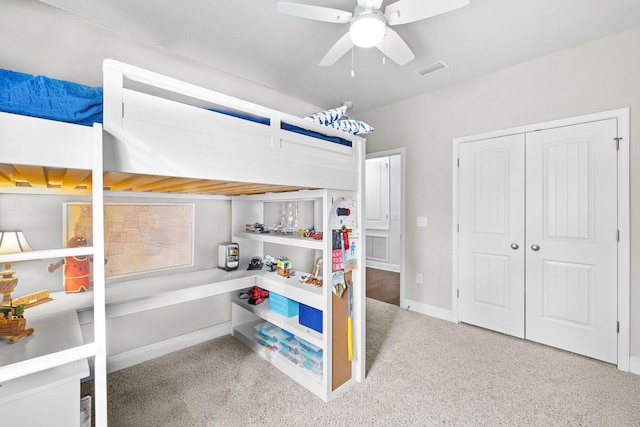 672 Alderberry Rd, Santa Rosa Beach, FL 32459 - bedroom featuring visible vents, a closet, baseboards, ceiling fan, and carpet flooring