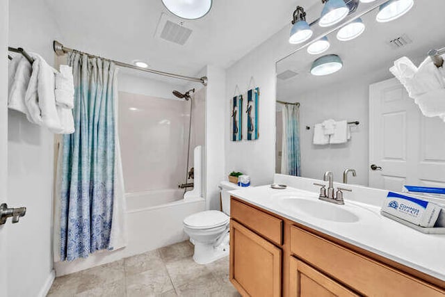 bathroom featuring vanity, toilet, visible vents, and shower / tub combo with curtain