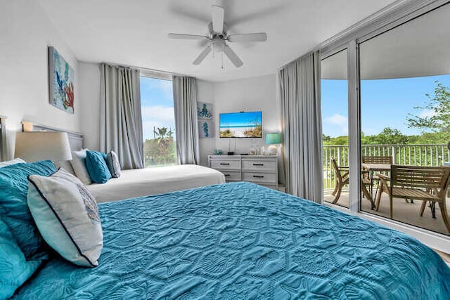 bedroom featuring access to outside and ceiling fan