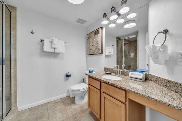 full bath featuring tile patterned flooring, vanity, toilet, visible vents, and a stall shower