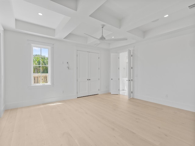 unfurnished room with ceiling fan, light wood-type flooring, baseboards, coffered ceiling, and recessed lighting