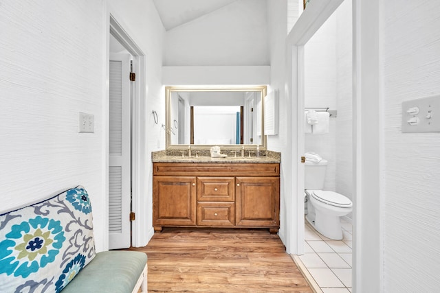 full bath featuring a sink, lofted ceiling, toilet, wood finished floors, and double vanity