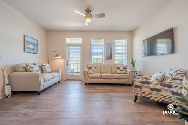 living room featuring a ceiling fan and hardwood / wood-style floors