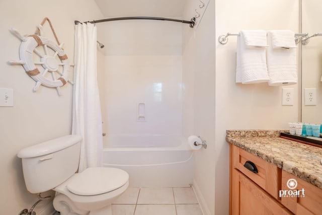 bathroom featuring toilet, shower / bath combo with shower curtain, tile patterned flooring, and vanity