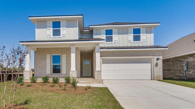 3068 Heritage Plantation Blvd, Laurel Hill, FL 32567 - prairie-style home with board and batten siding, a porch, driveway, a garage, and brick siding