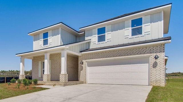 3068 Heritage Plantation Blvd, Laurel Hill, FL 32567 - view of front of house with board and batten siding, a porch, driveway, a garage, and brick siding