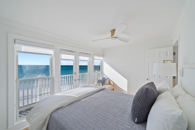 bedroom featuring a water view, access to outside, ornamental molding, and a ceiling fan