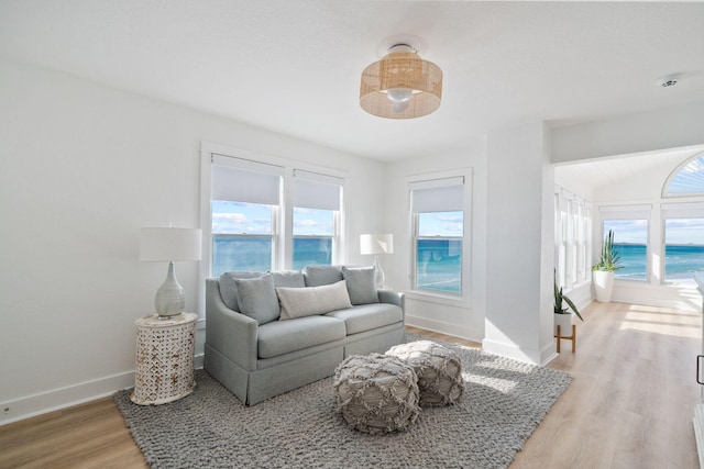 living room with baseboards and light wood-style flooring