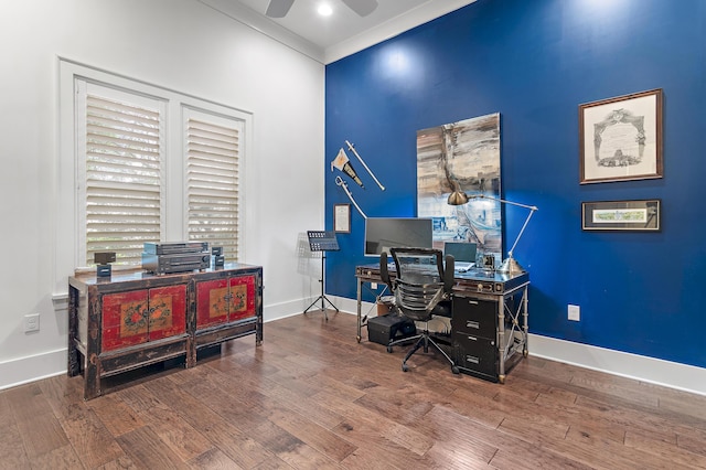 489 Regatta Bay Blvd, Destin, FL 32541 - home office featuring wood finished floors, ceiling fan, and baseboards