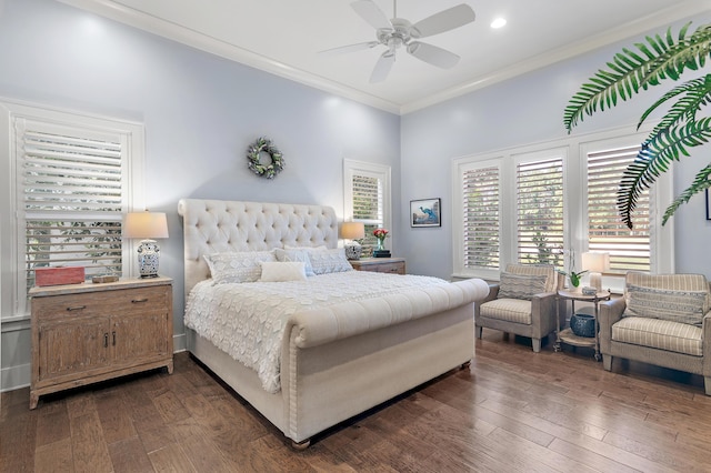 489 Regatta Bay Blvd, Destin, FL 32541 - bedroom with dark wood-type flooring, access to outside, crown molding, recessed lighting, and a ceiling fan
