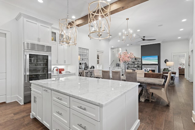489 Regatta Bay Blvd, Destin, FL 32541 - kitchen featuring a chandelier, stainless steel built in refrigerator, recessed lighting, a kitchen island with sink, and beamed ceiling