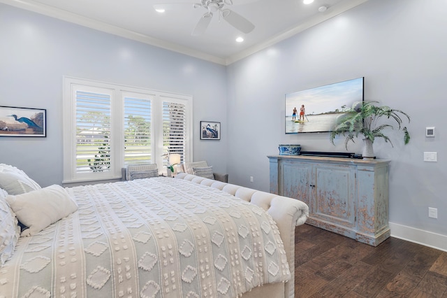 489 Regatta Bay Blvd, Destin, FL 32541 - bedroom with ornamental molding, dark wood-style flooring, baseboards, a ceiling fan, and recessed lighting