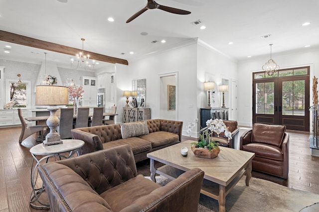 489 Regatta Bay Blvd, Destin, FL 32541 - living room with a chandelier, hardwood / wood-style flooring, recessed lighting, french doors, and ceiling fan