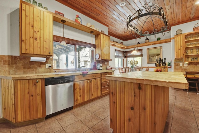 35 Blue Bayou Dr, Santa Rosa Beach, FL 32459 - kitchen featuring stainless steel dishwasher, wood ceiling, open shelves, backsplash, and light tile patterned floors