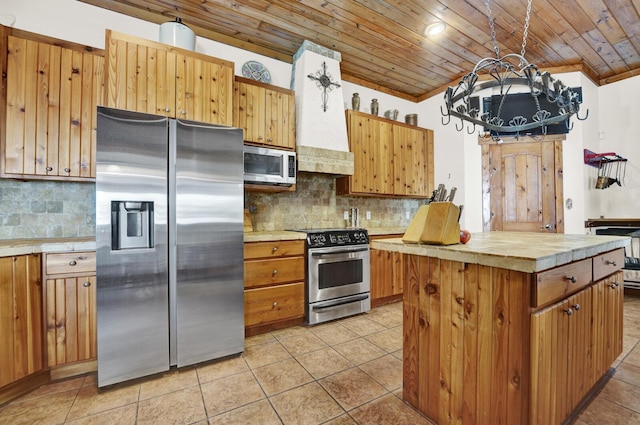 35 Blue Bayou Dr, Santa Rosa Beach, FL 32459 - kitchen with appliances with stainless steel finishes, wooden ceiling, tasteful backsplash, and light tile patterned flooring