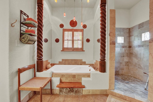 35 Blue Bayou Dr, Santa Rosa Beach, FL 32459 - bathroom featuring a tile shower, a bath, and tile patterned floors