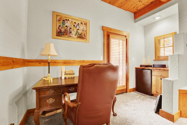 35 Blue Bayou Dr, Santa Rosa Beach, FL 32459 - office area with carpet, wood ceiling, and baseboards