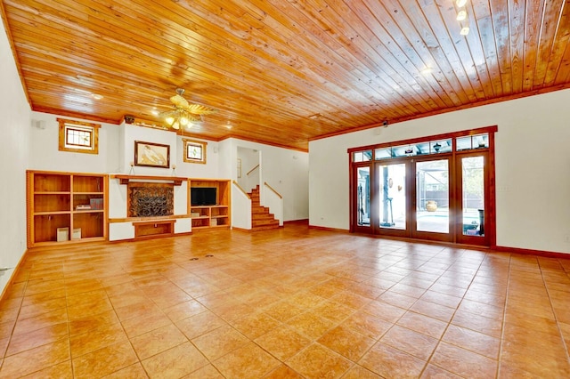 35 Blue Bayou Dr, Santa Rosa Beach, FL 32459 - unfurnished living room featuring wood ceiling, a fireplace with raised hearth, ceiling fan, stairway, and light tile patterned floors